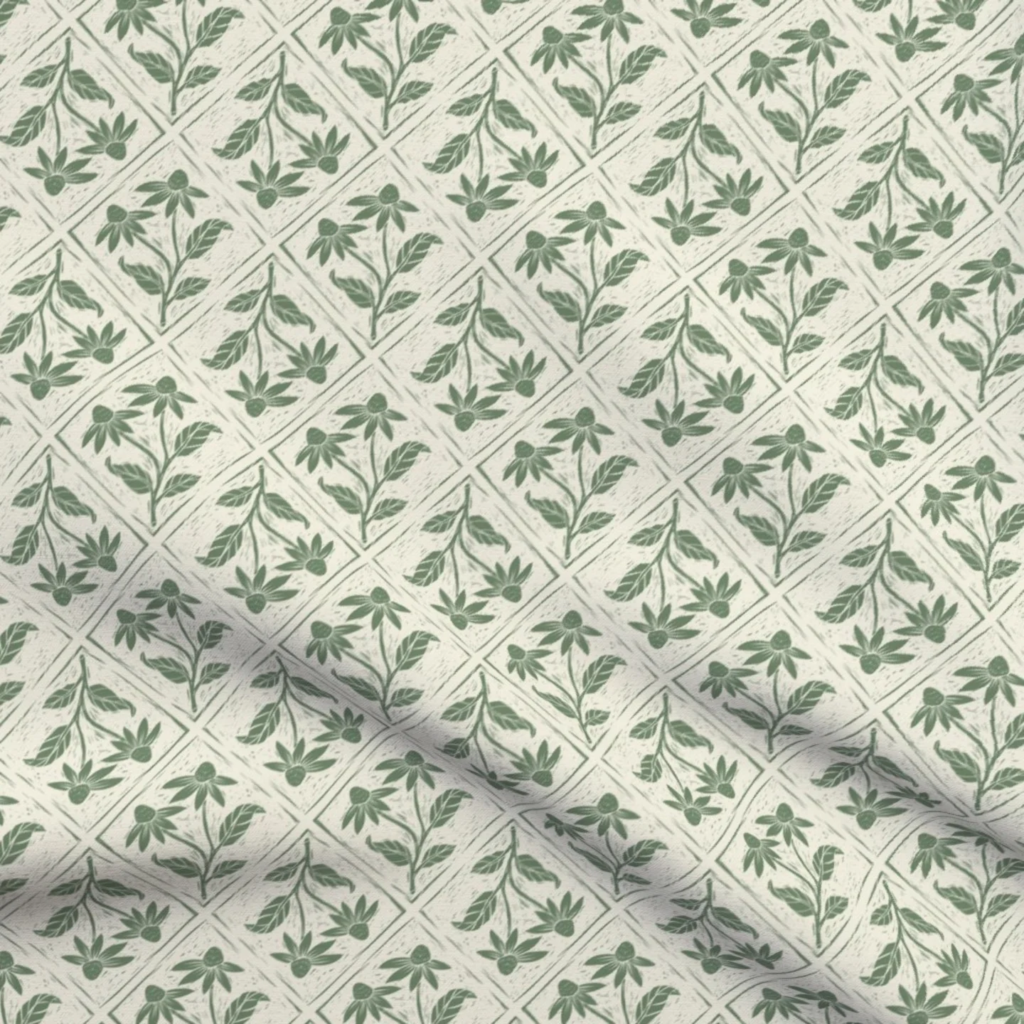 Block print wildflowers seaweed green Fabric by moniquebeaudincollections