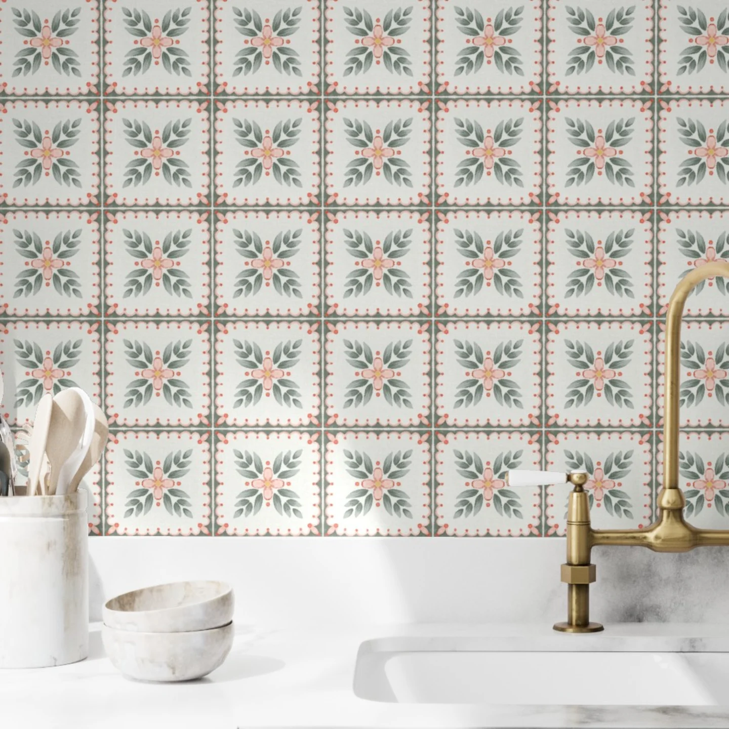 Kitchen with wallpaper in Vintage tile cottagecore by katjarrachdesigns.