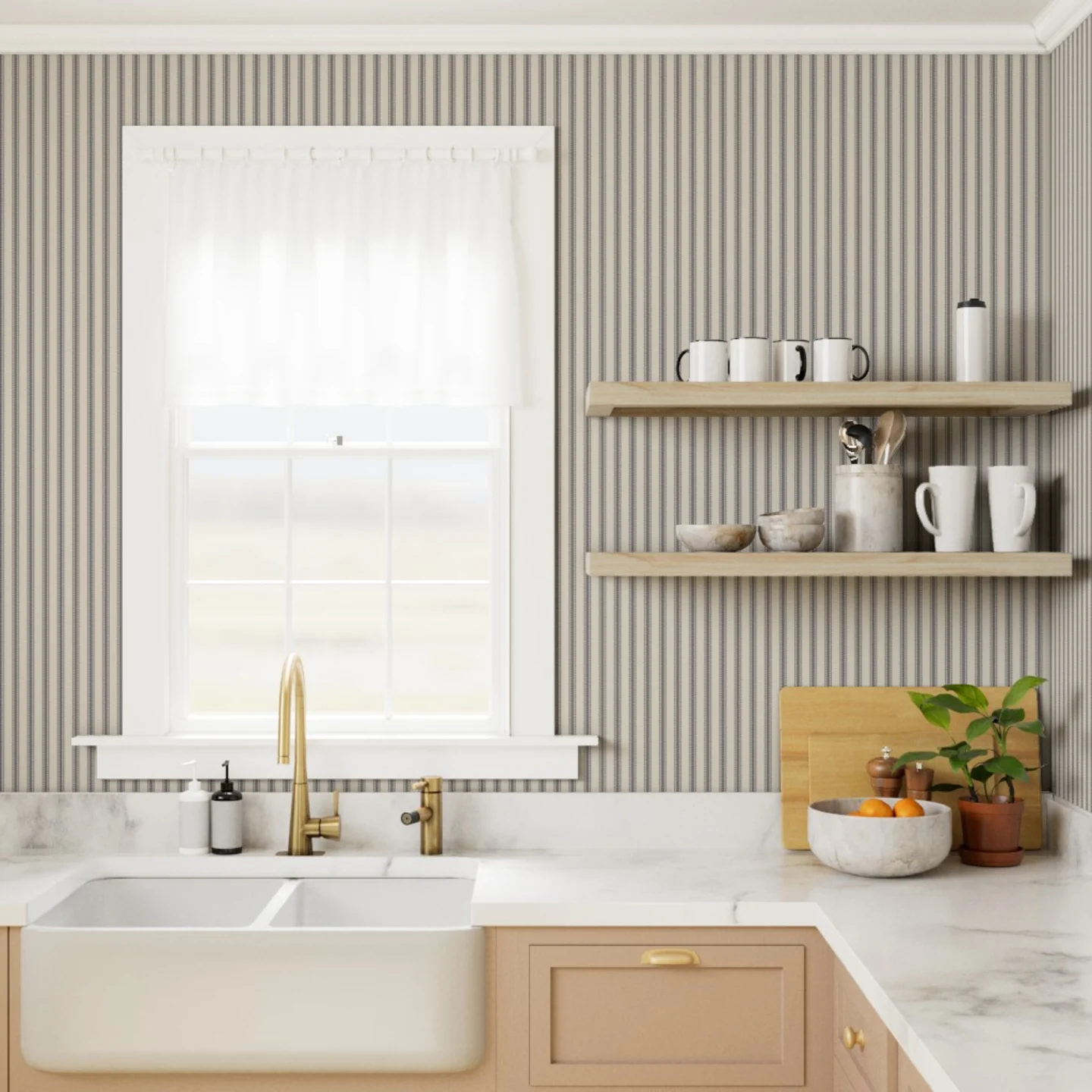 Kitchen with Wallpaper in Farmhouse Ticking - in Custom Black by hootenannit.