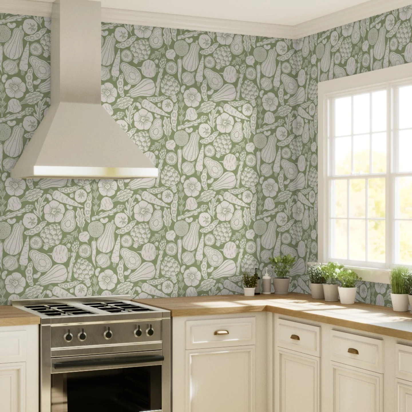 Kitchen with wallpaper in Vegetables in beige on pale green by kondratya