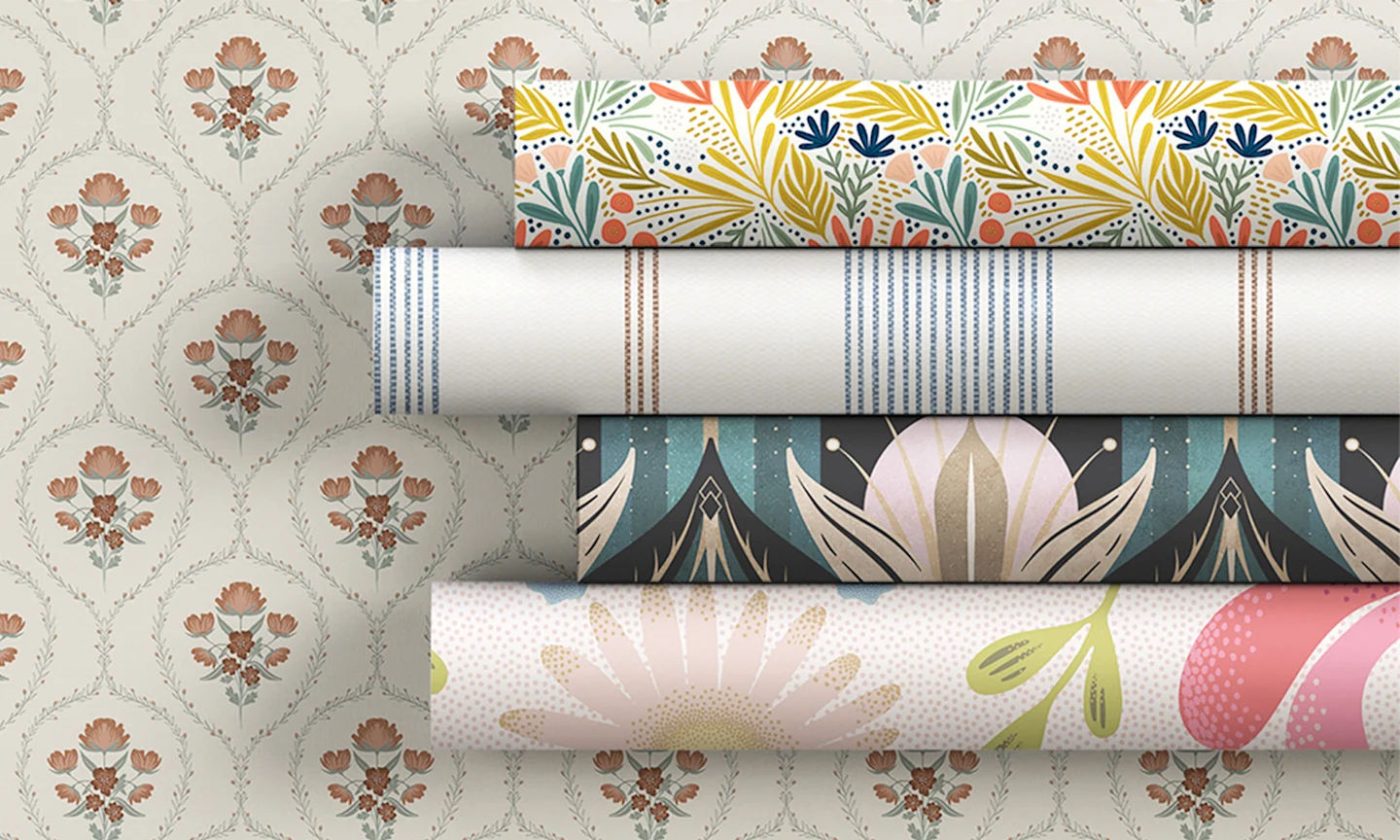 Rolls of top selling wallpaper designs.