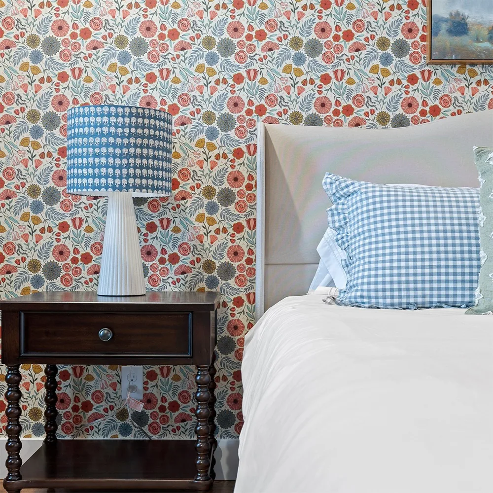 Bedroom with Spring Florals on Cream wallpaper by Spoonflower artist wrimple_designs.