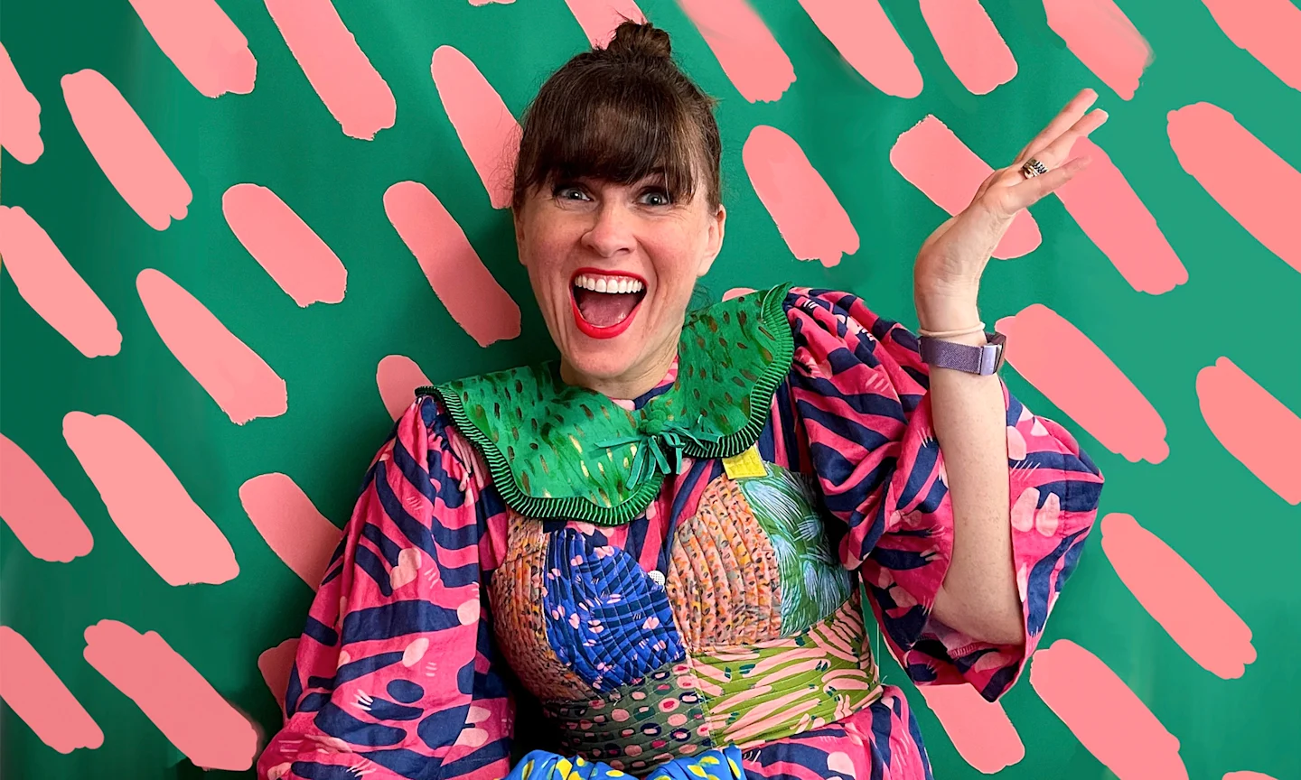 Katie Kortman wearing her pieces featuring garment and pattern mixing.