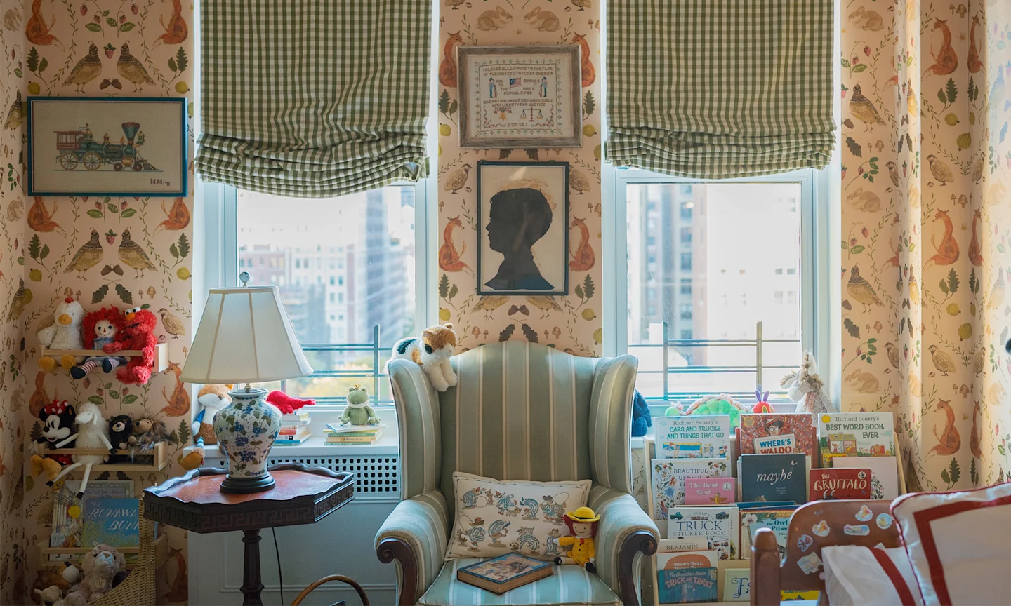 Kids room with forest friends and flora wallpaper.