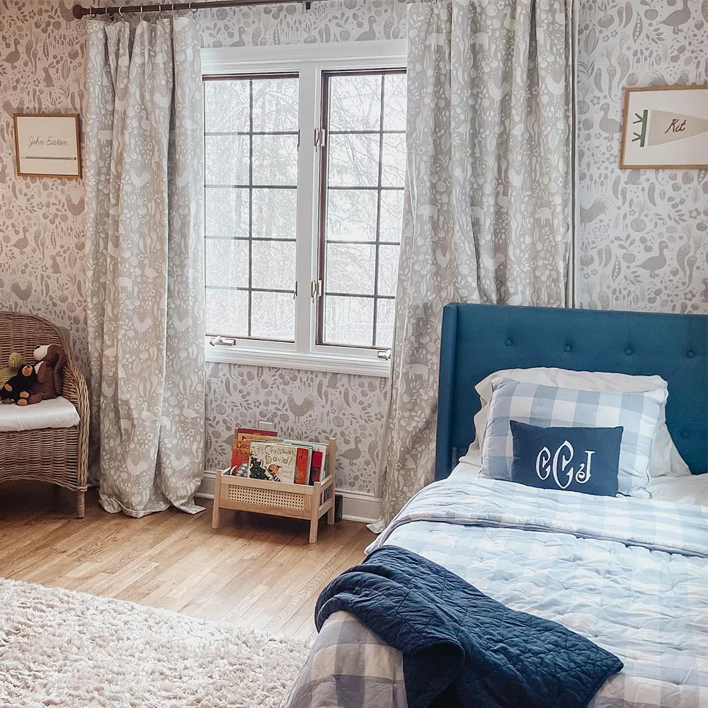 Kids room with Neutral farm animal wallpaper