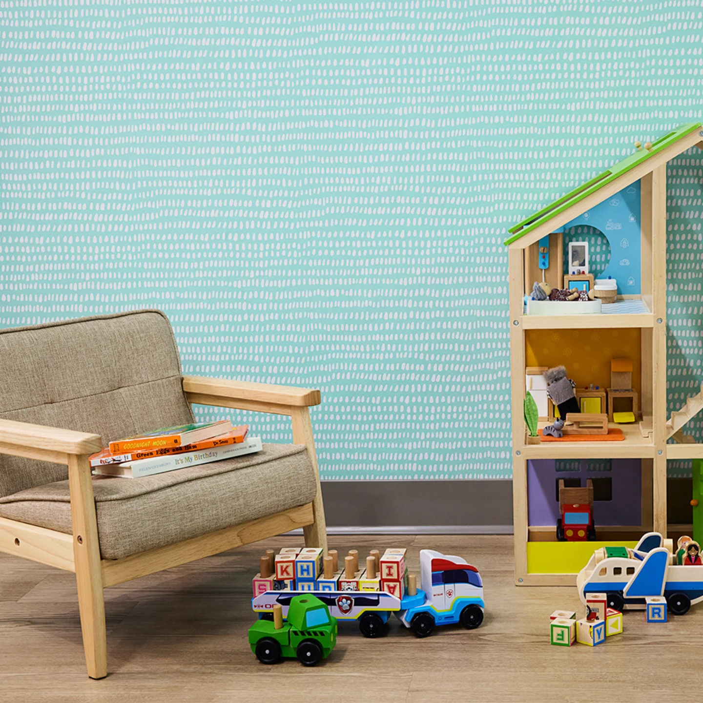 Blue vinyl wallpaper in a pediatric office.