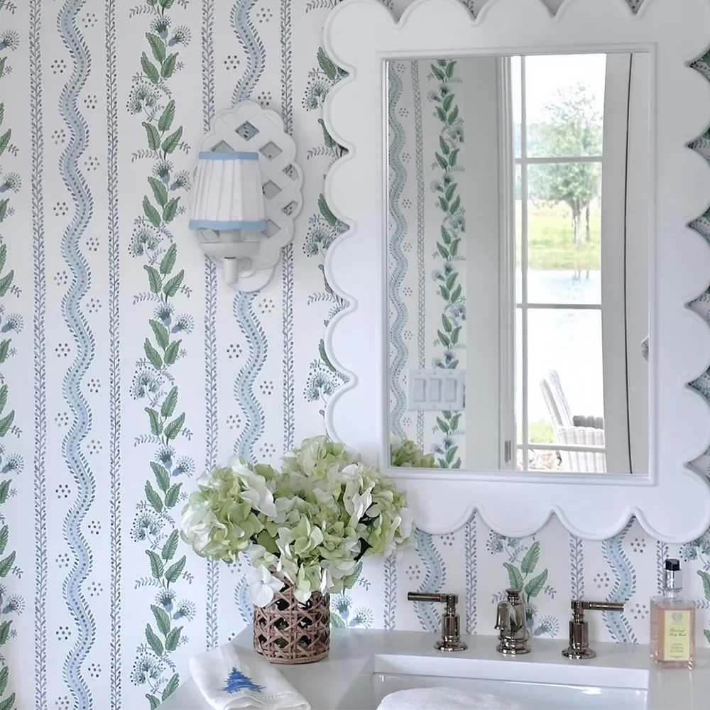 Bathroom with Wallpaper in Soft Blue and greens on white by Spoonflower artist danika_herrick.