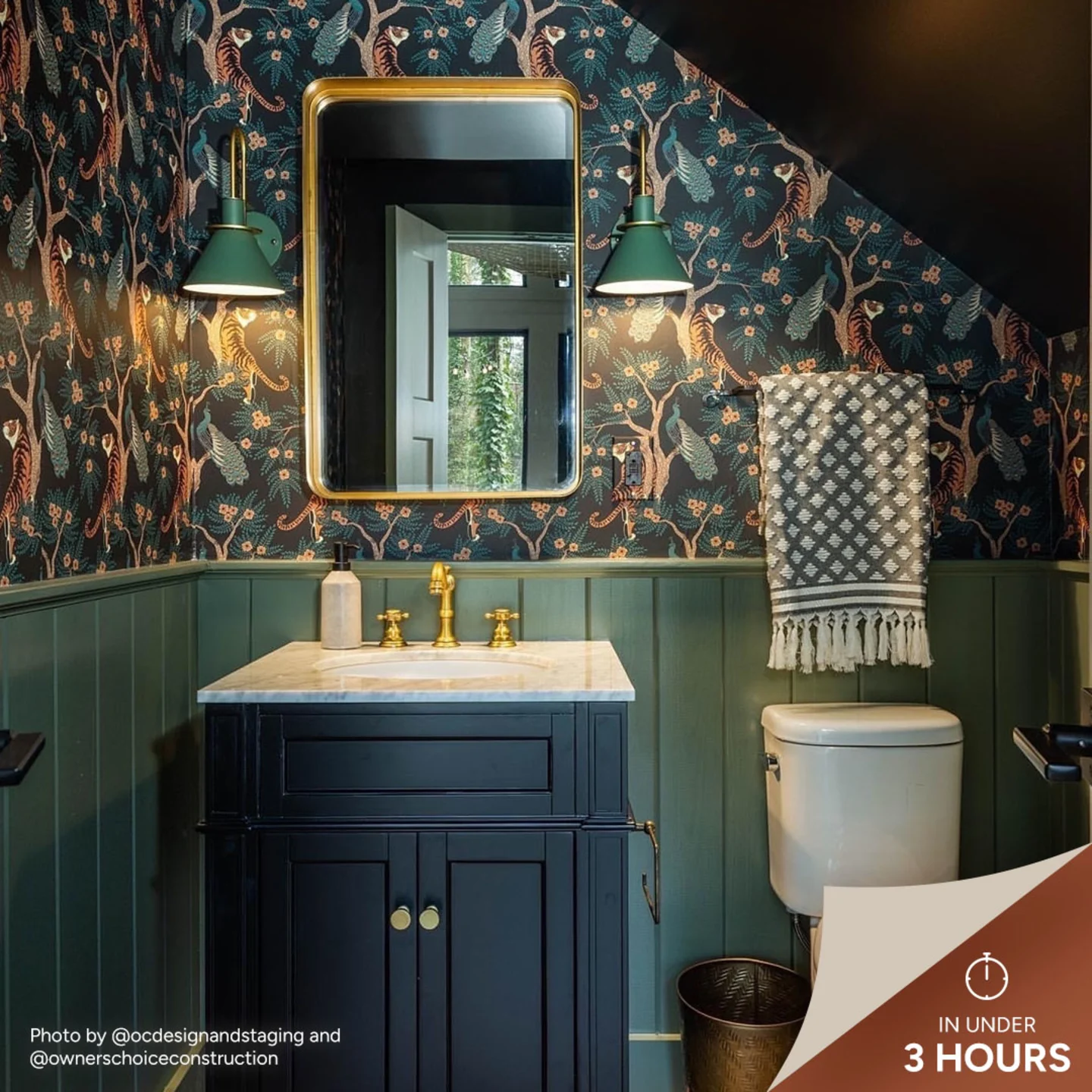 Bathroom with moody tiger and peacock wallpaper.