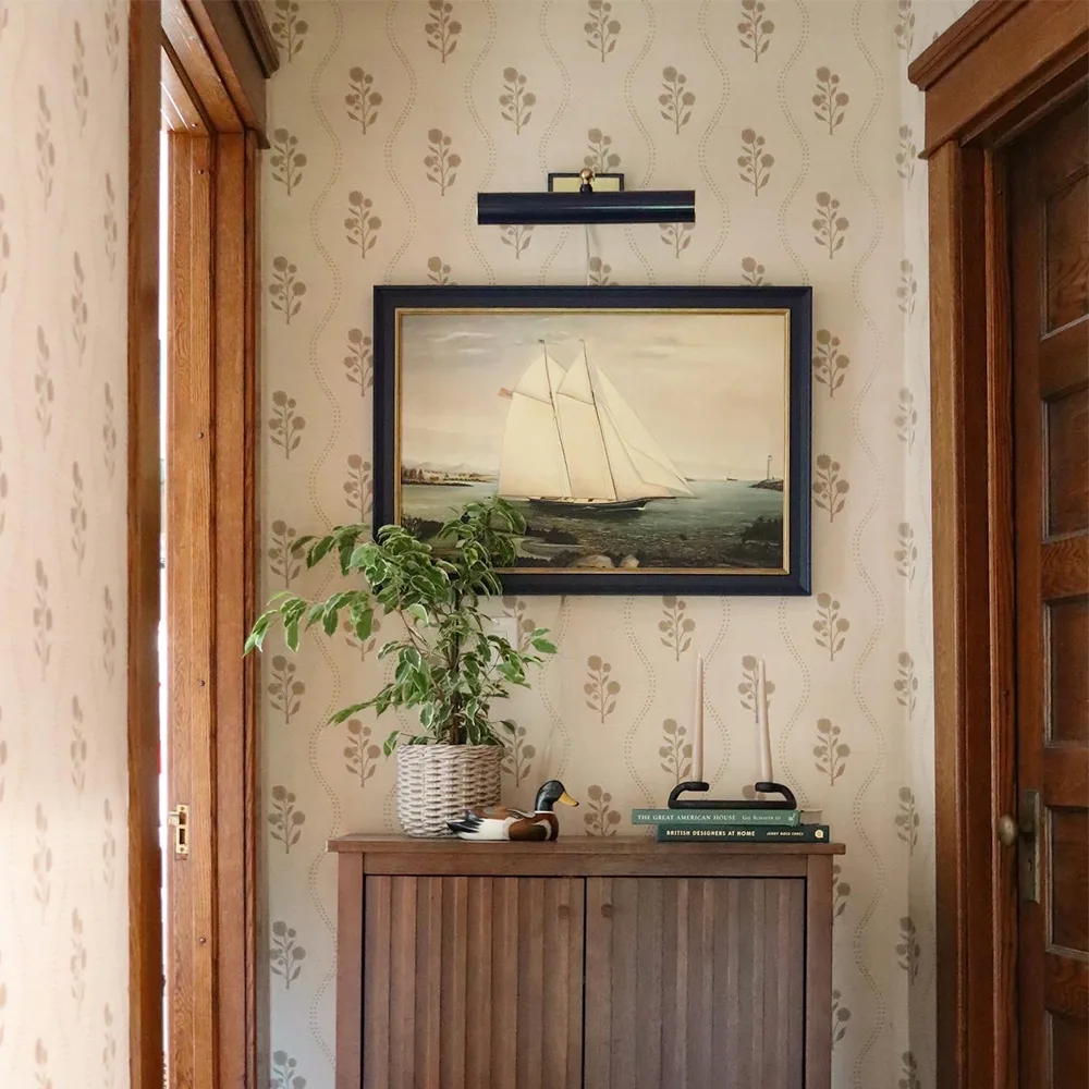 Floral stripe wallpaper in a hallway.
