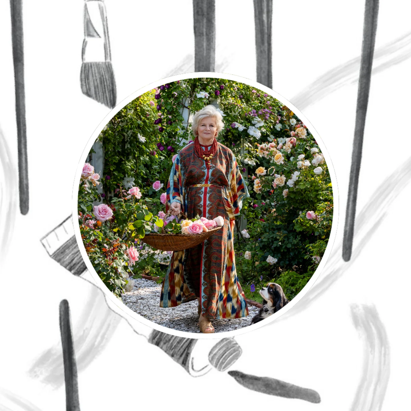 Charlotte moss in front of a artist studio inspired design.