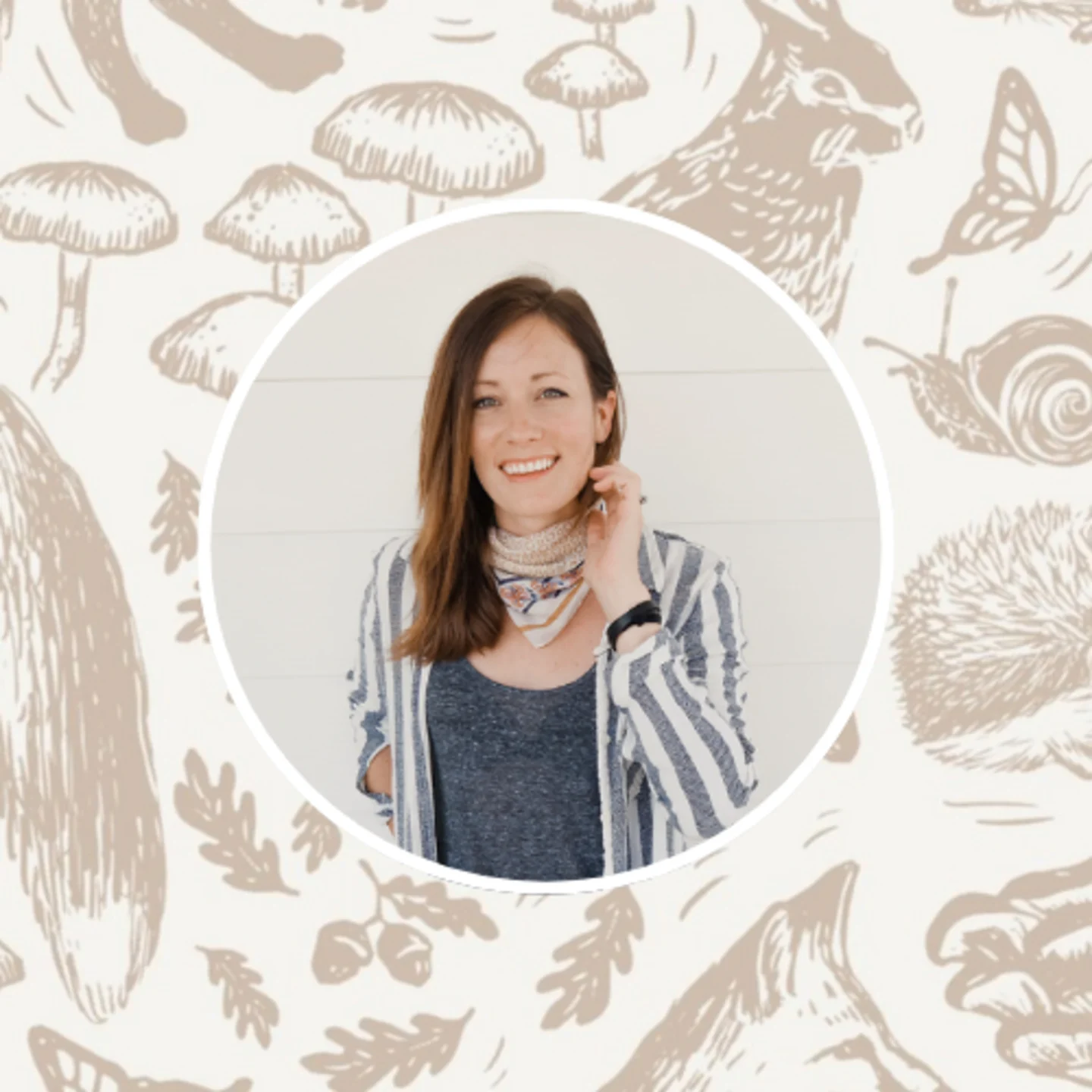 Woodland animal design with headshot of Spoonflower artist Rose Lindo.