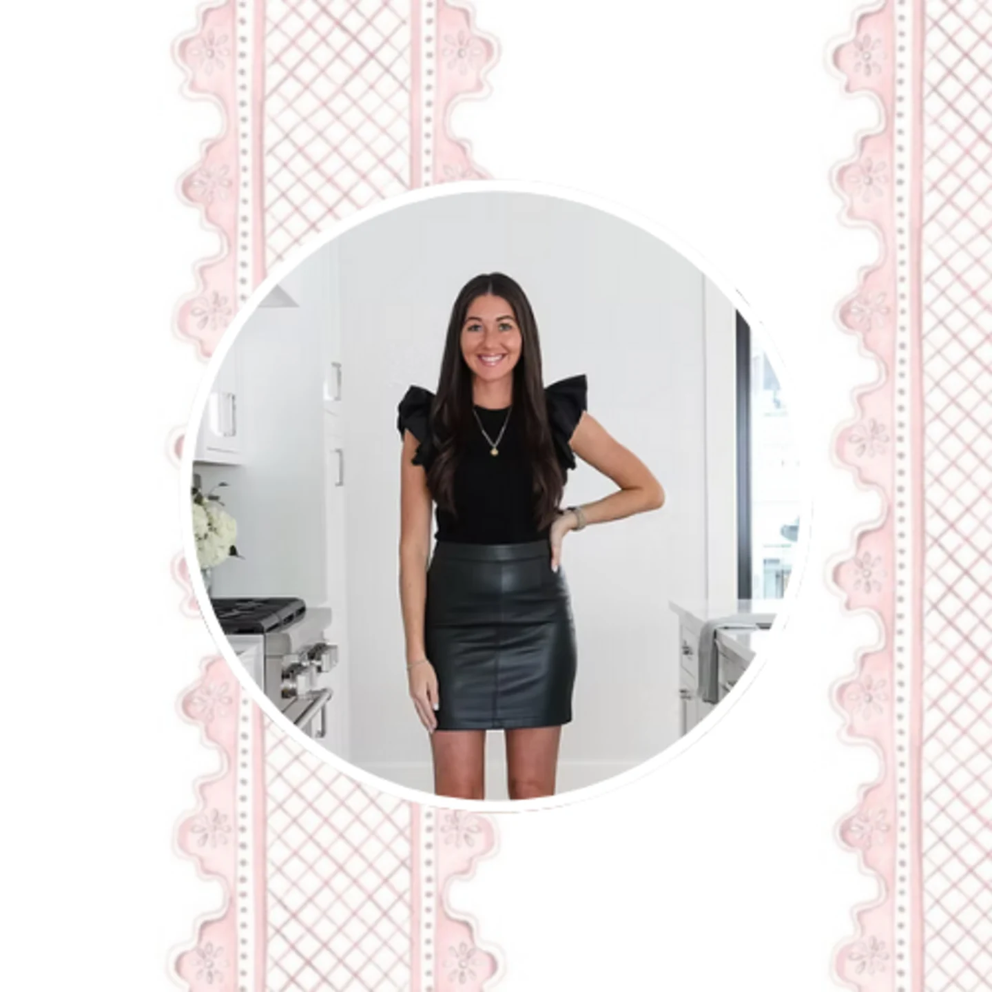 Pink and white stripe design with a headshot of Sarah Hollingsworth.