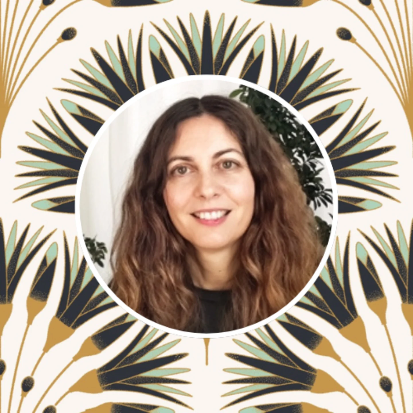 Mercedes Cortés in front of one of her block print floral designs