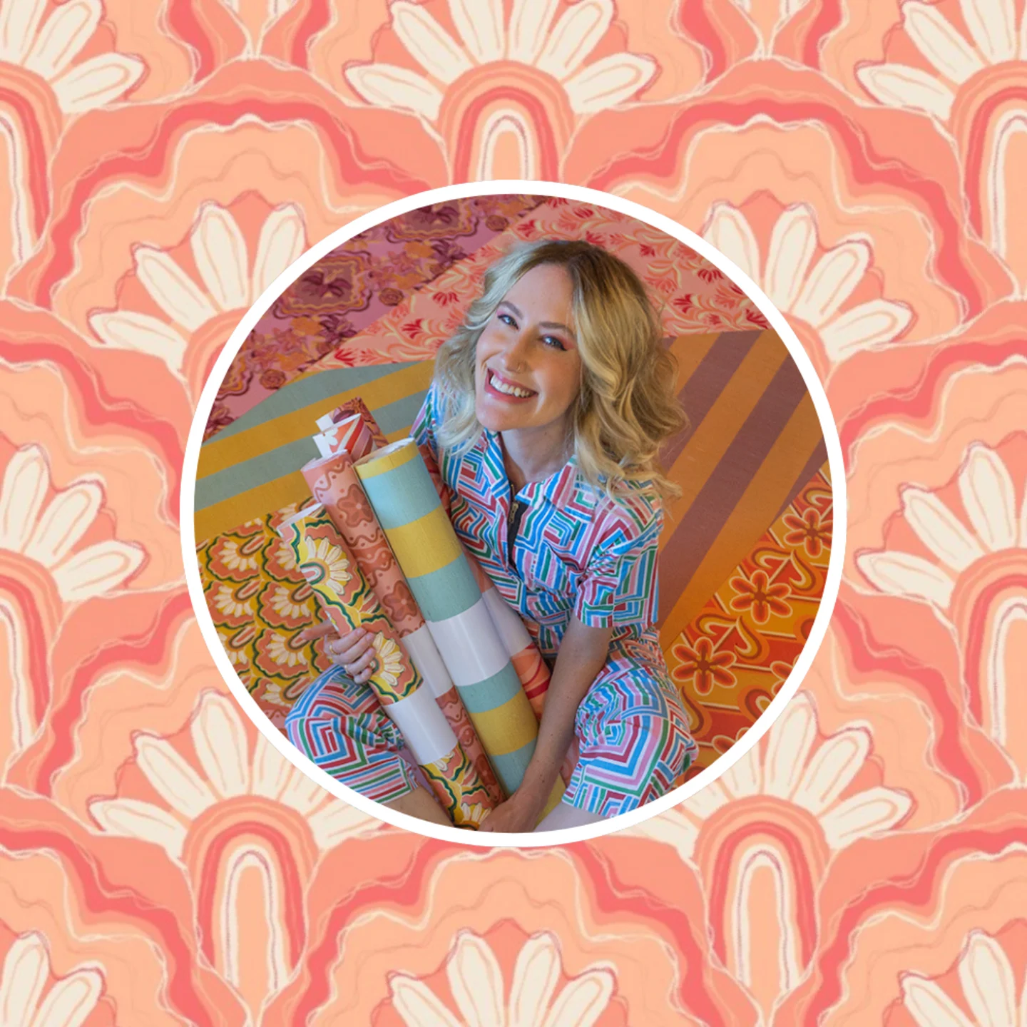 Headshot of Dani Dazey in front of one of her designs.