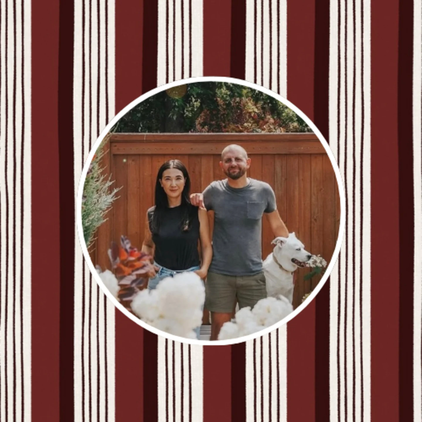 Headshot of Kim and Scott Vargo with a maroon stripe design.